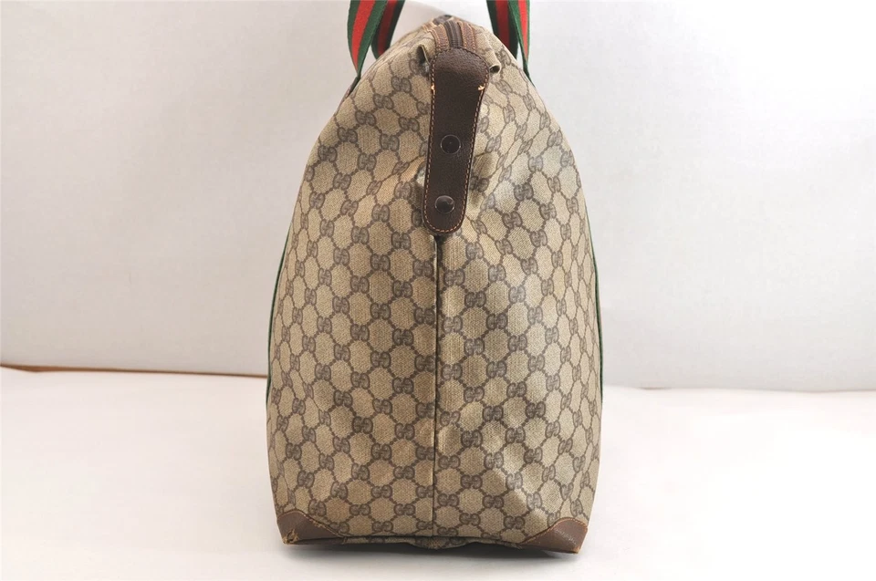 Auténtico Bolso de Viaje GUCCI Web Sherry Line Boston GG PVC Cuero Marrón 4039N Foto 4 de 4