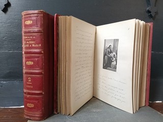 Antique 1866 FRENCH Diary 2Vol Book Religious Scrap Album HAND WRITTEN Poems etc