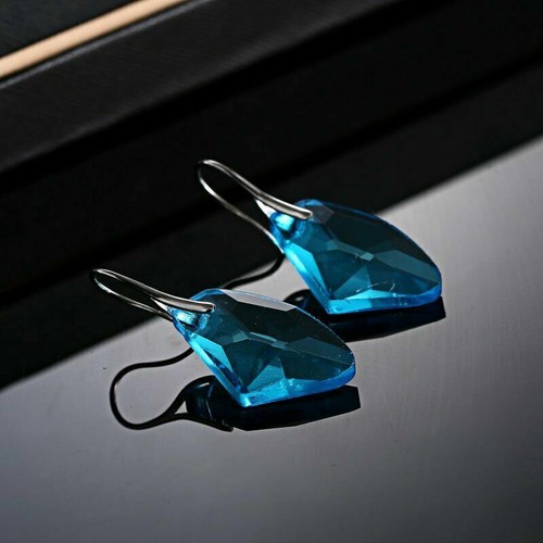 Women Gift Fashion Blue Crystal Charm Silver Drop Dangle Earrings Hook Wedding - Picture 6 of 8