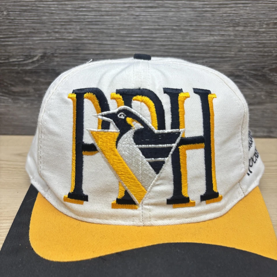 Vintage Pittsburgh Penguins Hat Cap Snap Back Mens NHL Hockey White Black 90s - Image 2 of 4