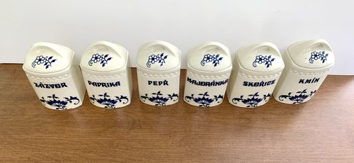 Vintage Czech Blue Onion Spice Jars with Lid Set of 6 Jars 4” Tall * - Picture 2 of 5