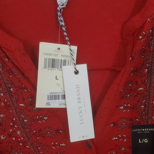 Blusa Lucky Brand rossa boho floreale a pois Henley contadina nuova con etichetta taglia large - Foto 2 di 10