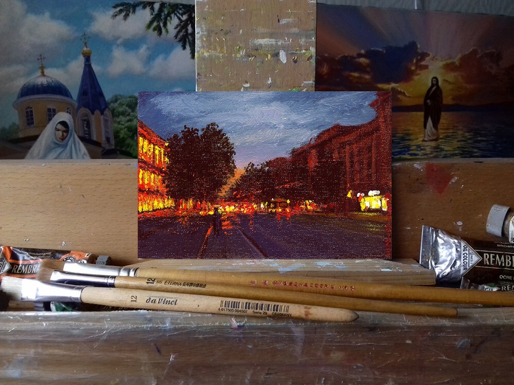 ORIGINAL Oil Painting Handmade Arseni ~ NIGHT CITY Chisinau 6" X 4" NO FRAME USA - Photo 8 sur 11