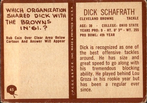 Tarjeta de fútbol americano firmada autografiada por Dick Schafrath 1967 Philadelphia #45 Browns - Imagen 2 de 2