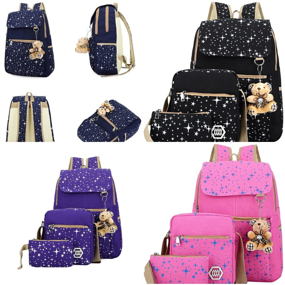 Fanci Stars-Print Canvas School Backpack Set with Pencil Case Elementary Girls Bookbag Rucksack