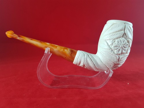 Hand Carved Embossed Floral Straight Stem Meerschaum Pipe, Block Meerschaum - Picture 4 of 10