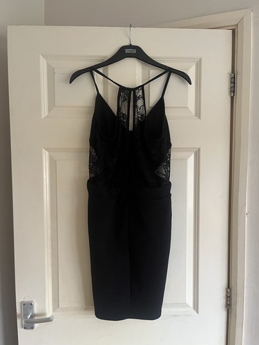 Boohoo Halter Neck Deep Plunge Open Back Tulle Lace Little Black Dress UK 10 - Picture 3 of 9