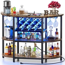 Bar Table Cabinet with Power Outlet, LED Home Mini Bar Cabinet for Liquor, Metal