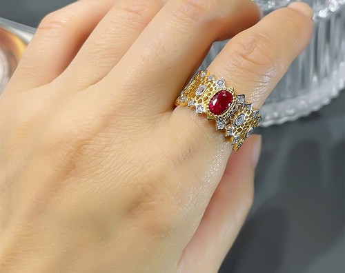 1ct Vintage Lace Hollow Ruby Ring with Lab Grown Diamonds, Honeycomb Jewelry - Picture 16 of 19