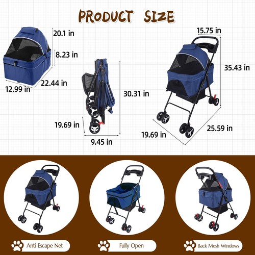 Dog Stroller Cat Stroller Pet Carriers Bag 4 Wheels for Small Medium Dogs Blue - Picture 7 of 9
