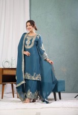 Exclusive Look Chinnon Silk Teal Blue Salwar Kameez With Dupatta For Wedding