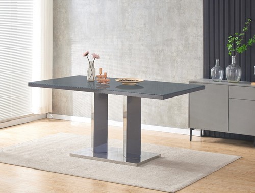 Dining Table Set Grey Glass and Grey High Gloss Rectangle 6 Faux Leather Chair - Picture 40 of 53