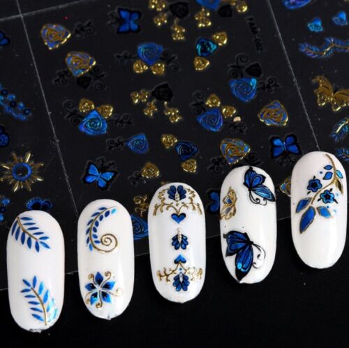 3 Blatt (zufällig) 3D Nagelsticker blau gold silber Schmetterling Blume Spitze Aufkleber - Bild 4 von 12