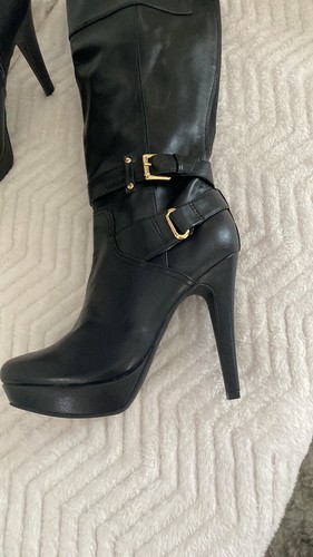 New Guess Women's 9 Tall Knee High Heeled Boot Black Faux Leather Buckles - Picture 4 of 5