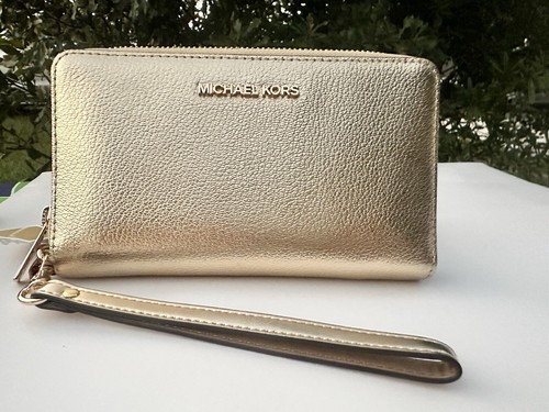 Michael Kors Jet Set Travel Wallet Zip Around Phone Case Pale Gold Wristlet - Picture 3 of 12