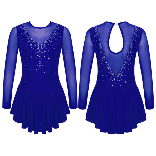 UK Kid Girl Figure Ice Skating Dress Rhinestones Sheer Mesh Ballet Dance Leotard - Picture 9 of 34