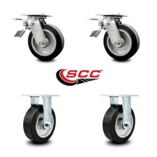6 Inch Rubber on Aluminum Caster Set with Roller Bearings 2 Brakes 2 Rigid SCC