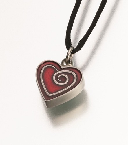Pewter Heart w/ Red Enamel Spiral Memorial Jewelry Pendant Funeral Cremation Urn - Afbeelding 1 van 6