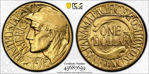 1915 S Panama-Pacific Gold Commemorative $1 PCGS AU 58 Struck Thru Reverse ERROR - Picture 1 of 10
