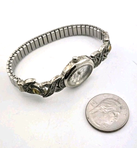 Galaxie by Elgin Silver Tone Marcasite Watch w Gem Stones Flex Band NEW BATT - Picture 5 of 10