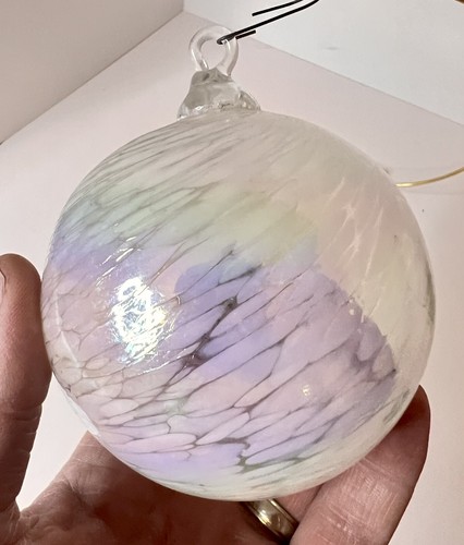 Hand Blown Art Glass Orb Ball Tabletop Ornament Pink Iridescent W/ Hanger - Picture 7 of 13