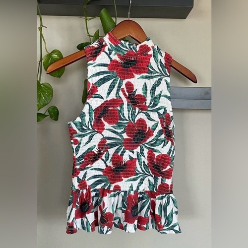 Blusa Top Zara Blanca Roja Tropical Acanalada Sin Mangas Peplum Pequeña S 2 4 NUEVA SIN ETIQUETAS - Imagen 1 de 2