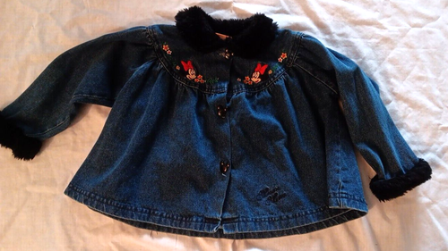 Disney Vtg Y2K Minnie Mouse Toddler 4T Denim Blue Jacket Embroided Faux Fur - Picture 2 of 16