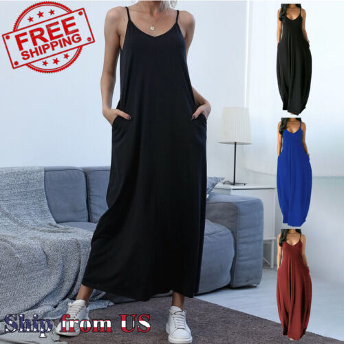 Casual Beach Sundress V-Neck Soft Jersey Cami Long Maxi Tank Dress With Pocket