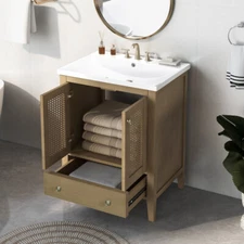 24" Rattan Bathroom Vanity with Ceramic Basin & 2 Doors, Solid Frame, Natural
