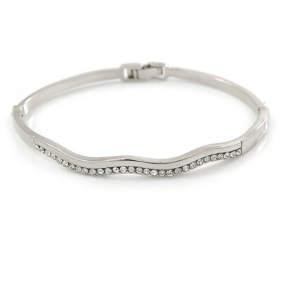 Silberfarbener, gewellter Armreif mit Kristall - 18 cm L