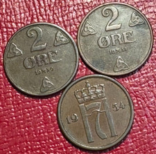 LOT OF 3- NORWAY 2 ORE COINS-1950/1951/1954-MAR680