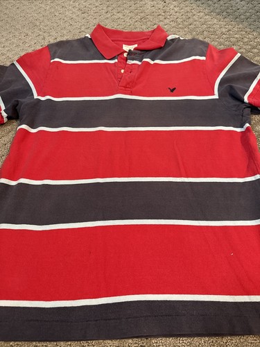 American Eagle Polo Shirt Mens Large Short Sleeve Blue Red Striped