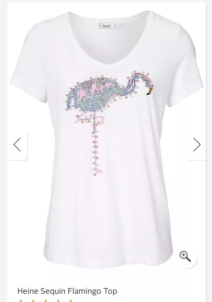 Heine Embelished Flamingo White Sequins Pearls Tshirt UK16 EURO 42 Heine Embelished Flamingo White Sequins Pearls Tshirt UK16 EURO 42