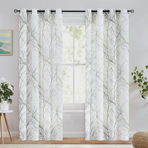Two Pack 72" Grommet Top Linen Curtains with Tree Branch Print for Stylish Rooms - Picture 4 of 12