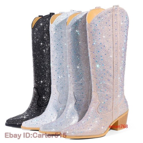Women's Fashion Rhinestone Mid-calf Chunky Western Boots Glitter Mid Calf Boots - Bild 2 von 28