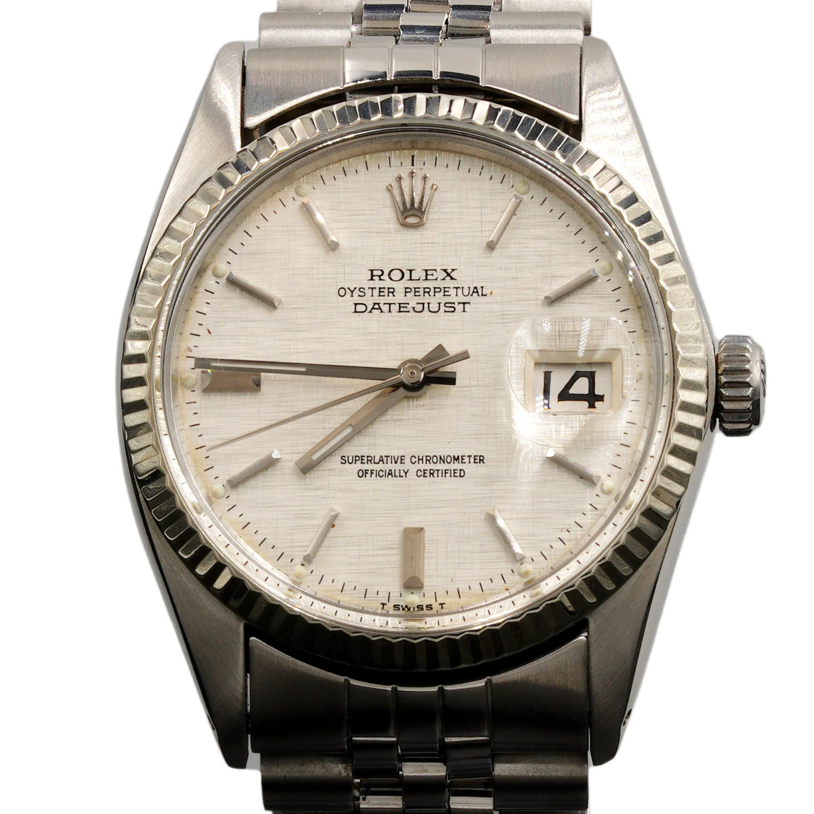 Rolex — Mens Rolex Datejust Stainless Steel/18K White Gold Watch Silver Linen Dial 16014