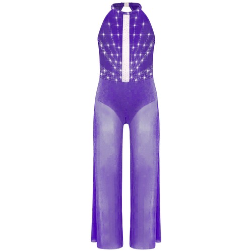 Kids Girls Dancewear Pants Jumpsuit Back Bodysuit Party Rhinestones Sparkly - Picture 54 of 82