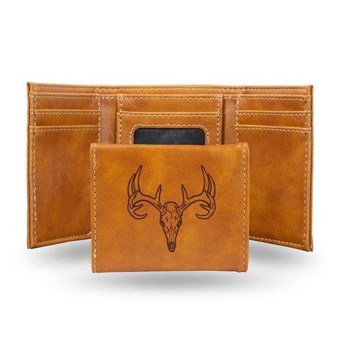 Outdoor Sportsman Big Buck Skull Rack Laser Engraved Brown Trifold Wallet - Bild 1 von 6