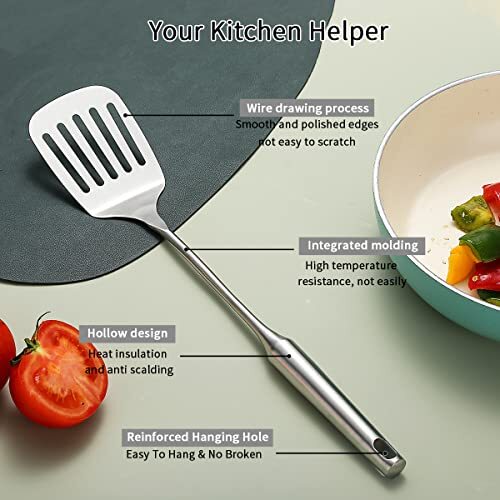 Espátula de metal para cocinar, girador ranurado de acero inoxidable, resistente  - Imagen 3 de 7
