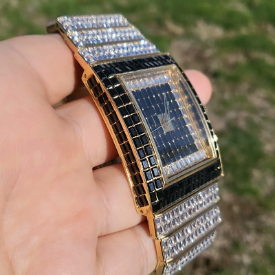 時計 Baguette Cut Ice Square Watch Men's Watch Luxury Iced Two Tone Baguette Full Stone Square