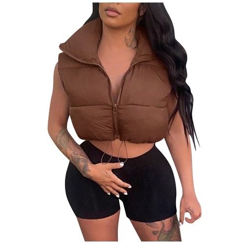 Damen Crop Puffer Weste Leicht Stehkragen Ärmellos Reißverschluss Wattiert Mantel - Bild 3 von 30
