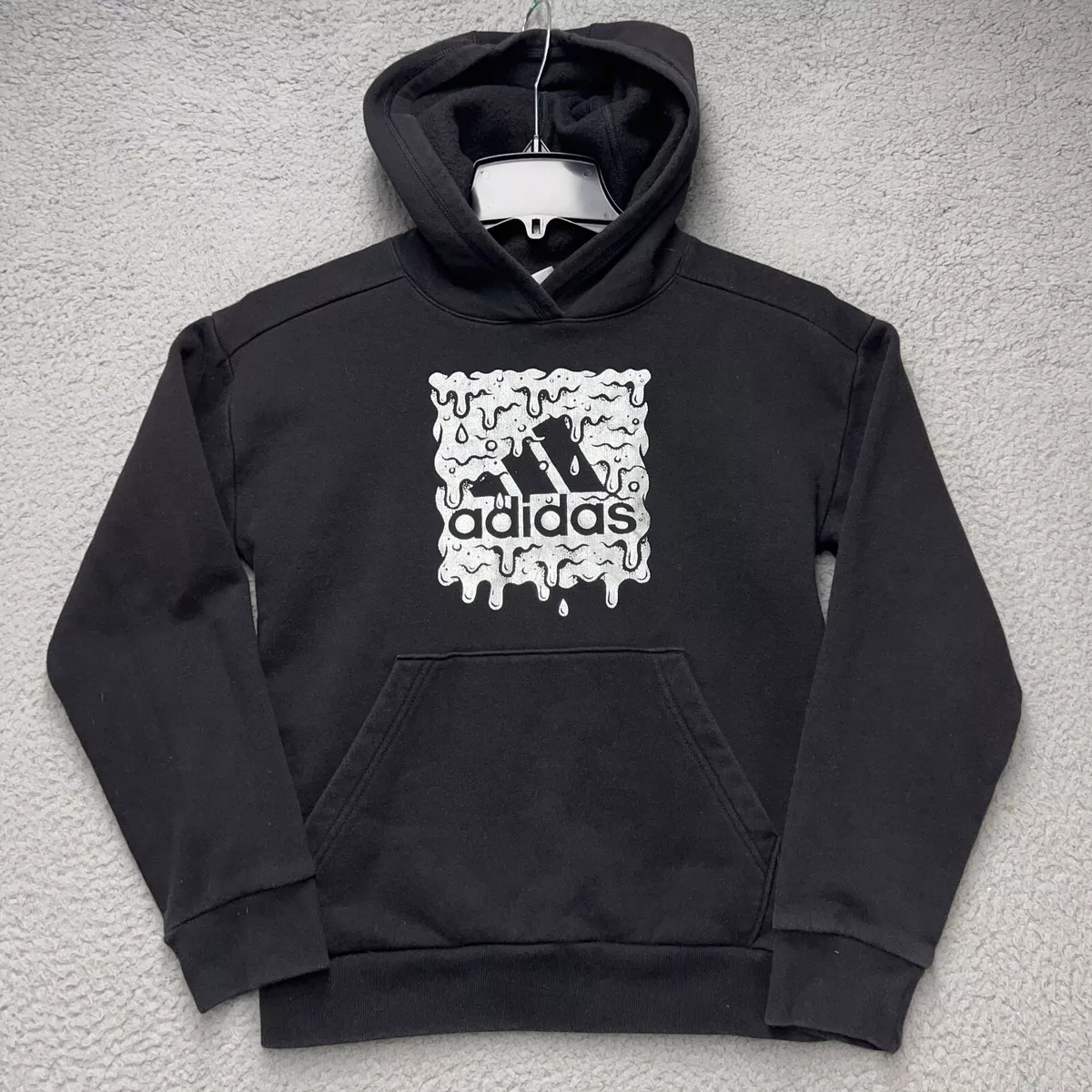 Adidas Hoodie Sweatshirt Boys Medium Black Long Sleeve Silver Drip Logo Pocket
