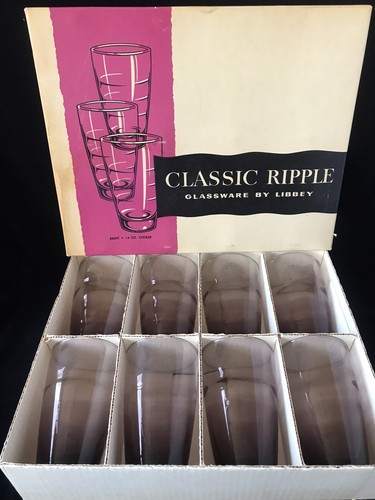 MCM Barware Libbey Glass Classic Ripple Ametista Cooler Set di 8 con scatola anni 60 - Foto 1 di 14