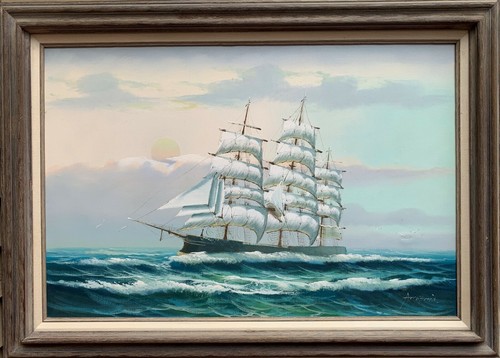 Large Framed Oil painting on Canvas, Sailing ship in the ocean, Signed