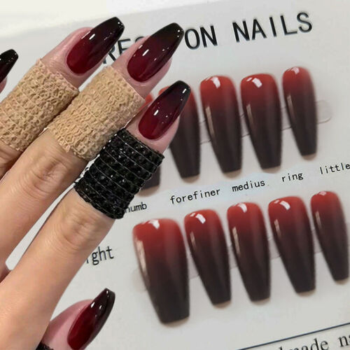10 piezas puntas de uñas de cubierta completa uñas postizas simples rojo vino con pegamento longitud media almendra - Imagen 5 de 15