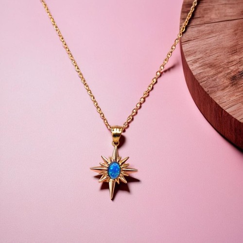 Elegant Gold Starburst Pendant Necklace with Blue Opal Gemstone Womens Jewellery - Picture 4 of 4