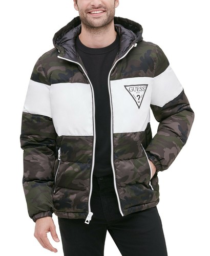 GUESS NWT Size Small Mens Color Block Hooded Puffer Jacket Coat Camouflage White - Picture 3 of 4