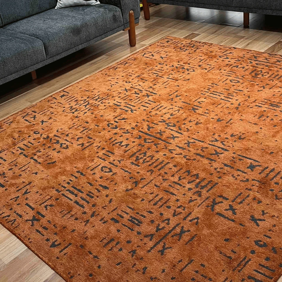 Scandinavian Patterned Orange Washable Rug l Scandinavian Area Rug, Kitchen Rug - Image 3 of 4