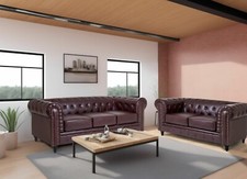 Chesterfield Sofa Suite Brown Faux Leather Armchair Couch | 1, 2 & 3 Seater Sets