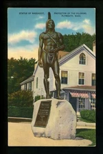 Native Americana postcard Massasoit Indian Statue Cole's Hill Plymouth MA linen